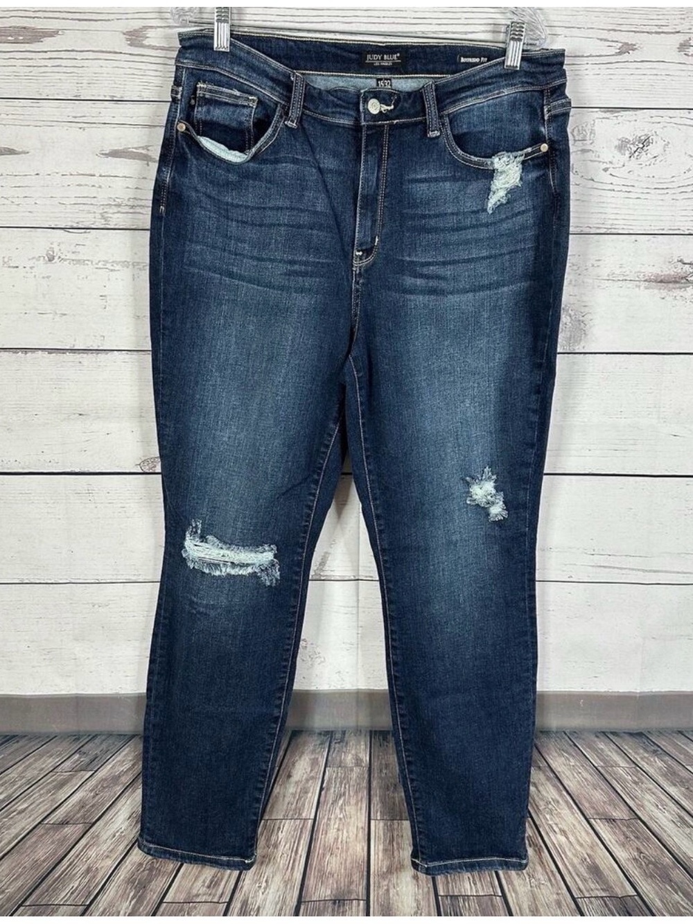Judy Blue Jeans Womens 32 Blue Boyfriend High Rise Stretch Distressed Comfort